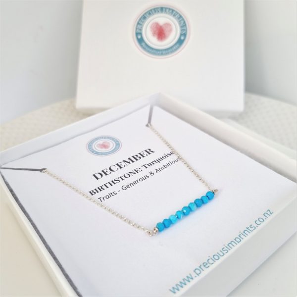 Turquoise December birthstone bar necklace on a sterling silver chain