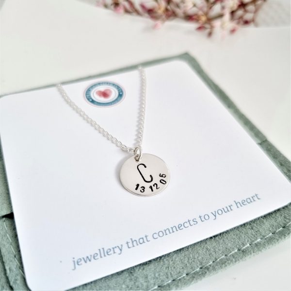 Sterling Silver initial and birthdate necklace